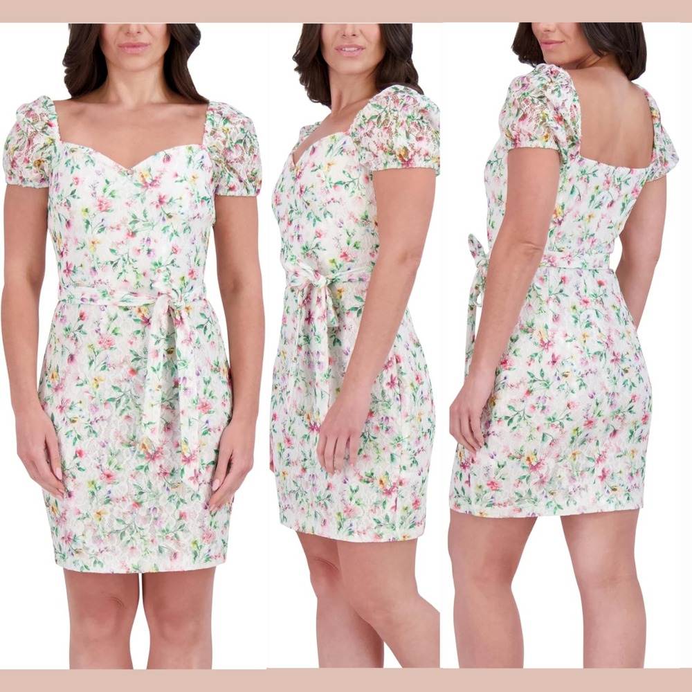 NWT $128 Kensie [ 14 ] Lace Short Sleeve Mini Sweetheart Neck Dress White #U1664